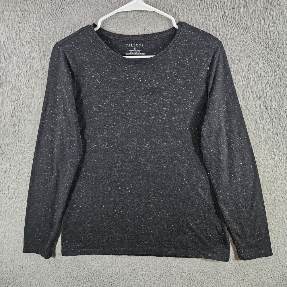 Talbots Womens Medium Black Gold Metallic Shimmer Long Sleeve Crew Neck Top Tee